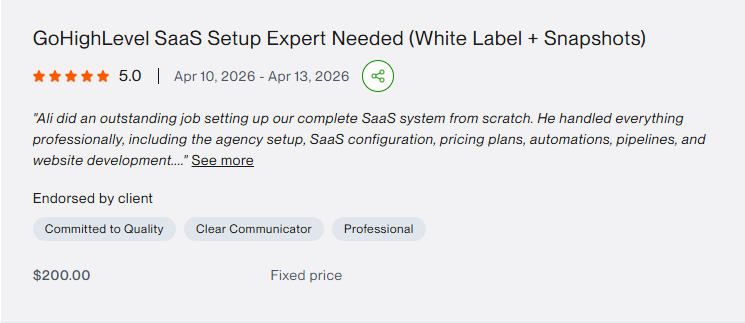 Upwork 5-star review for Ali Hassan on the project: GoHighLevel SaaS Setup Expert Needed (White Label + Snapshots)